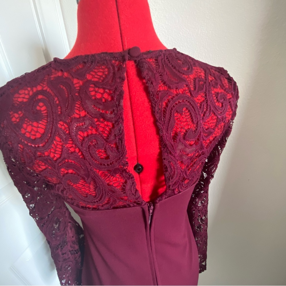 Rebecca B Lace Bell Sleeve Cocktail Dress, Size 6, Merlot colored. - Picture 6 of 7